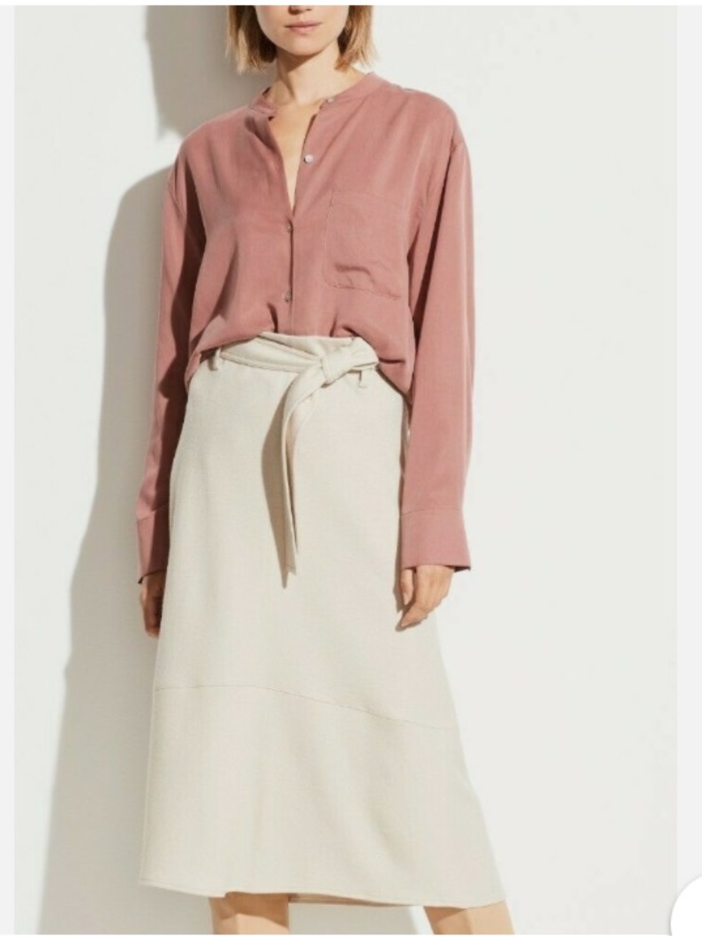 Vince Relaxed Band Collar Matte Crepe Blouse Dusty Rose NWT Size XL